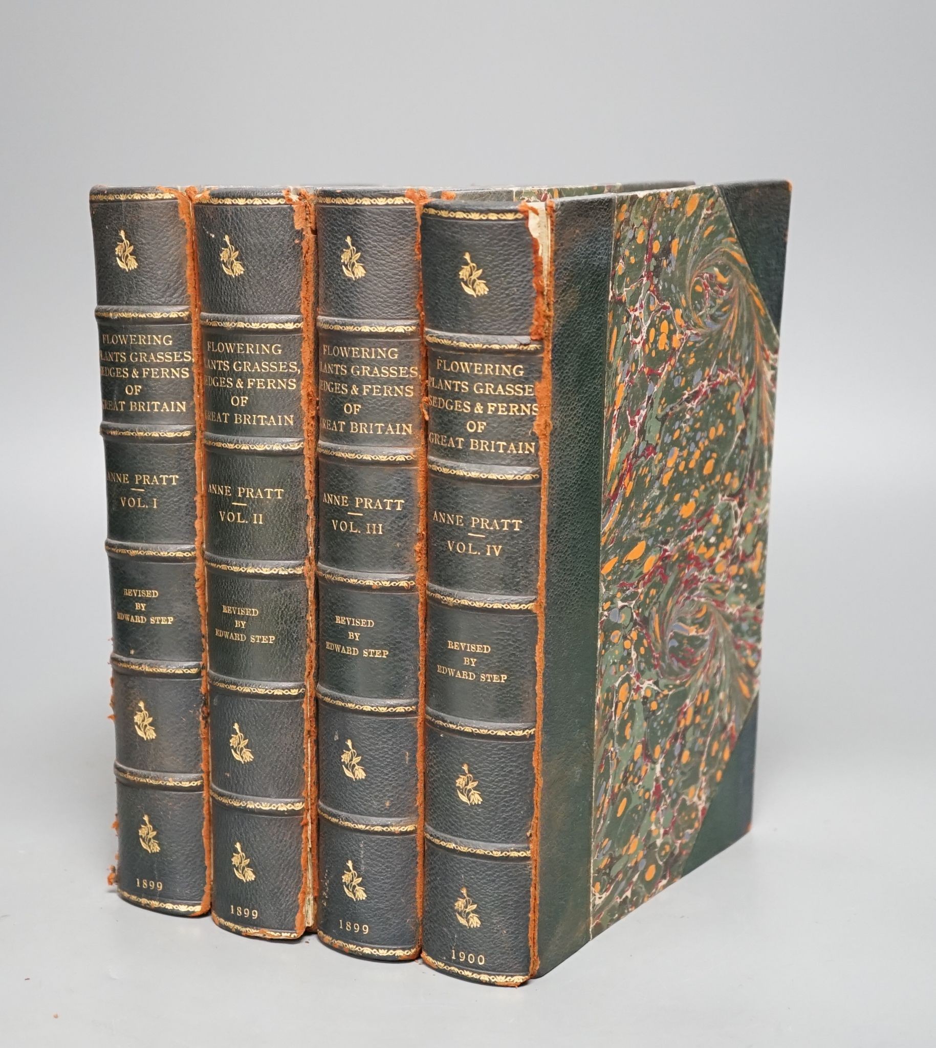 Pratt, Anne - the Flowering Plants, Grasses, Sedges and Ferns of Great Britain.....new edition revised by Edward Step, 4 vols many colour printed plates, contemp. half morocco and marbled boards, gilt panelled spines, gi